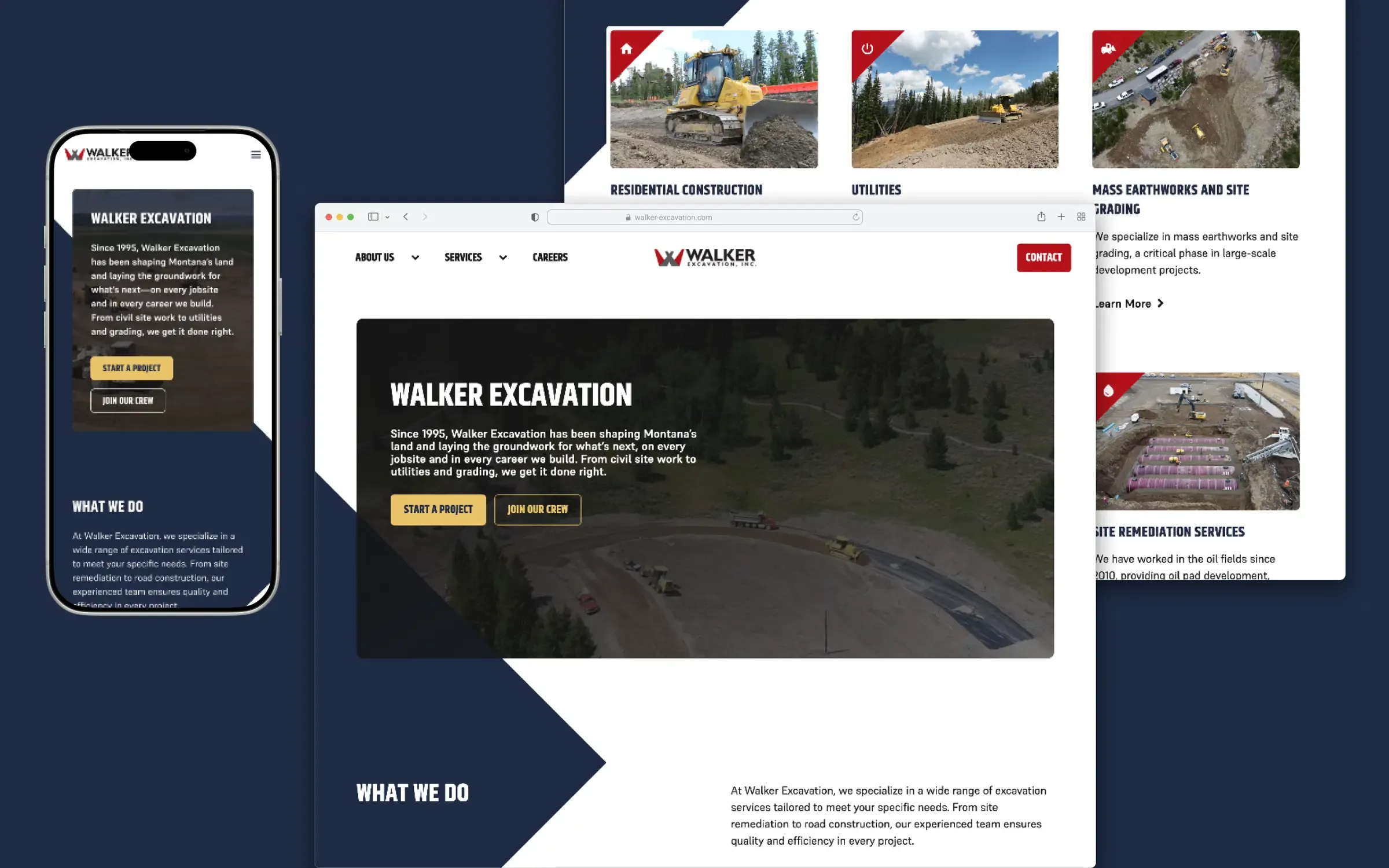 Walker excavation website homepage screnshots in mobile and desktop frames.