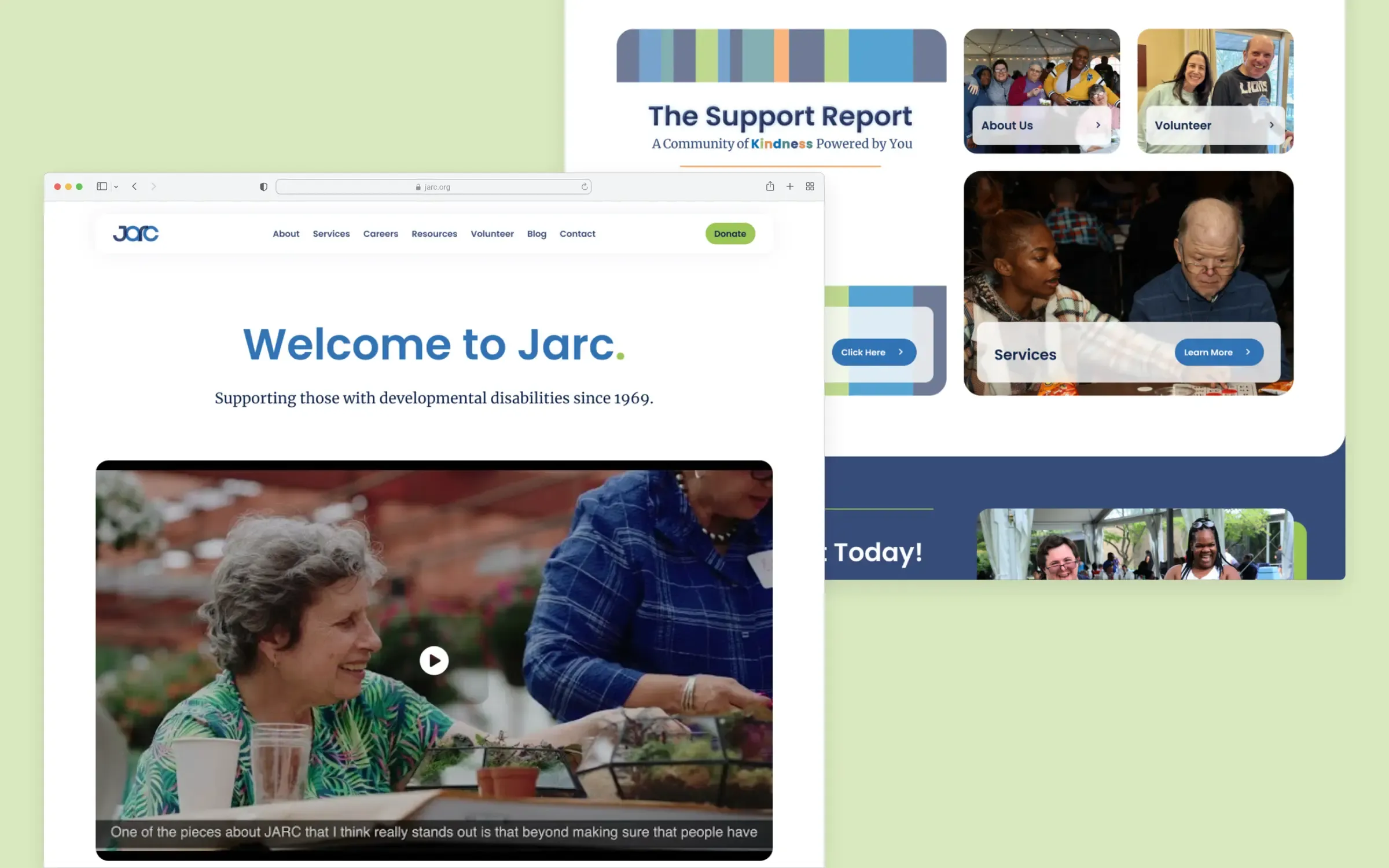 Screenshots of the Jarc homepage in a browser.